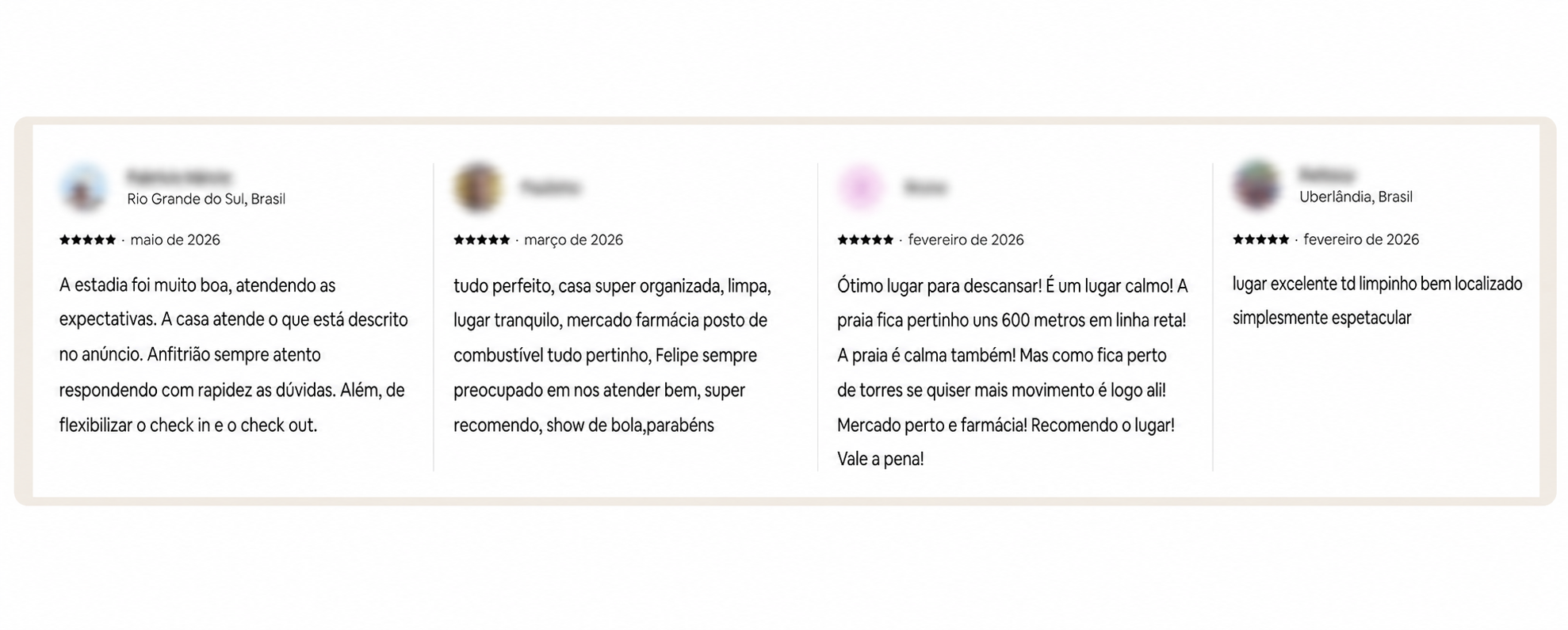 Avaliacoes de hospedes da Bella Casa Ribeiro, com nomes e fotos preservados por desfoque